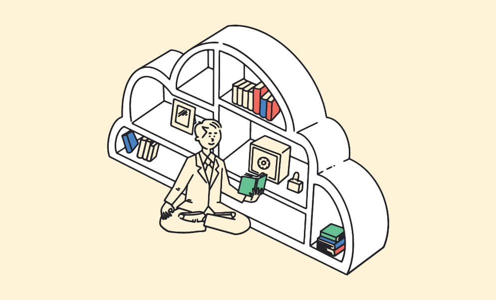 Illustration of young man reading a book, next to a bookshelf. BrainStorm, Inc. (Oct. 2021) for "Cybersecurity risk management: a resource roundup" blog